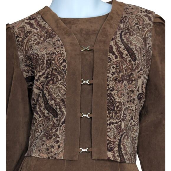 Vintage Faux Suede Paisley Midi Dress 8 Boho Cottagecore Country Prairie Modest - Picture 3 of 5